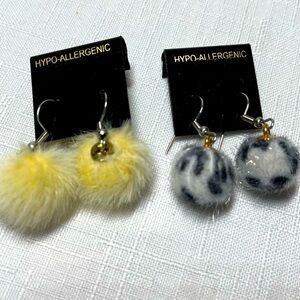 Pom Pom Fuzzy Cream and Gray Earrings. Handmade. Hypo allergenic